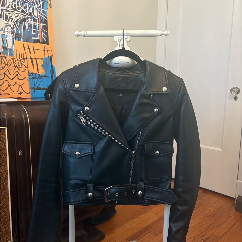 BLANKNYC Black Faux Leather Belted Moto Jacket
